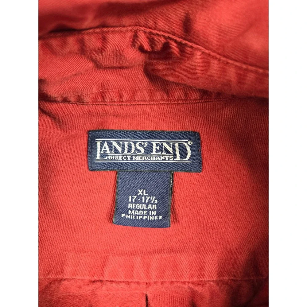 Lands End Mens XL Red Long Sleeve Cotton Button Down Shirt Regular Fit 17-17.5